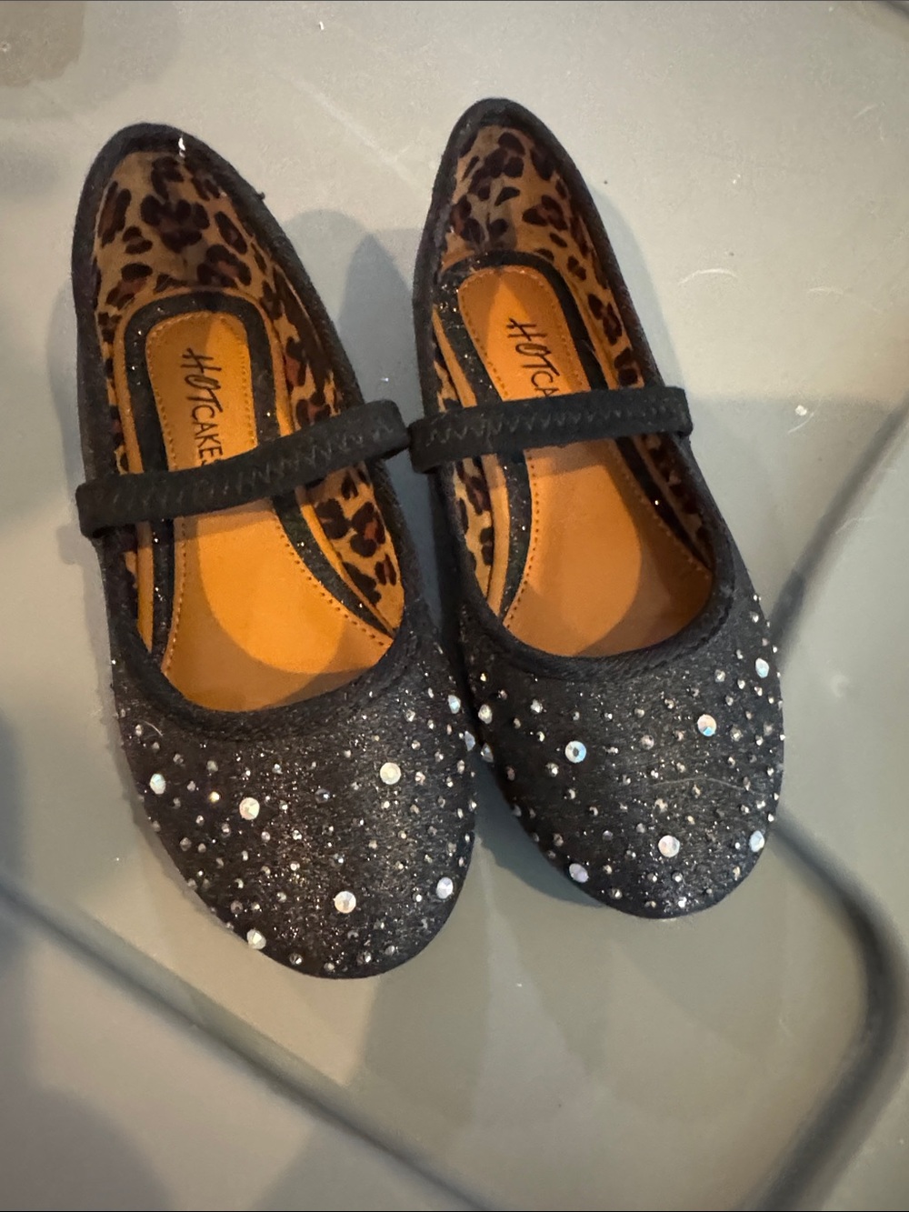Hot Cakes Black Glitter Mary Jane Flats with Rhinestone Accents